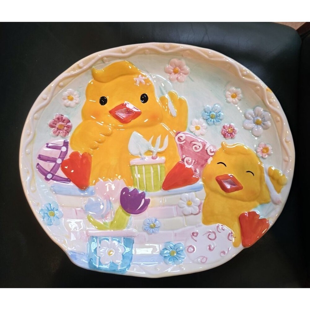 Spring Easter Duckling Embossed Decorative Ceramic Platter Dish Tray 13"x11"